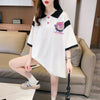 POLOネック 切り替え 熊柄 ロング プリント Tシャツ 二色 ゆったりワンピース ＜F-3020＞