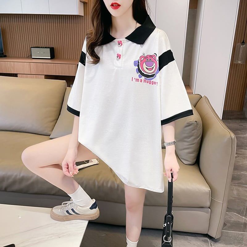 POLOネック 切り替え 熊柄 ロング プリント Tシャツ 二色 ゆったりワンピース ＜F-3020＞