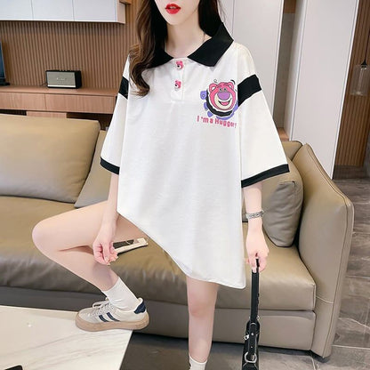 POLOネック 切り替え 熊柄 ロング プリント Tシャツ 二色 ゆったりワンピース ＜F-3020＞
