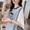 ワッフルフェイクツーピース漫画立体刺繍半袖Tシャツ<F-2871>
