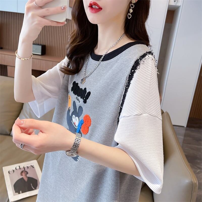 ワッフルフェイクツーピース漫画立体刺繍半袖Tシャツ<F-2871>