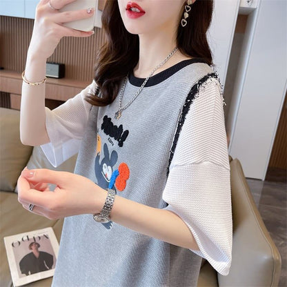 ワッフルフェイクツーピース漫画立体刺繍半袖Tシャツ<F-2871>