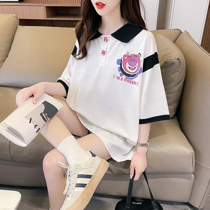 POLOネック 切り替え 熊柄 ロング プリント Tシャツ 二色 ゆったりワンピース ＜F-3020＞