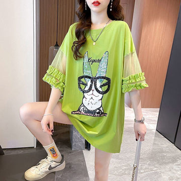 着回し力抜群 チュール 新作 切り替え ピンク プリント スパンコール プリント全3色 半袖Tシャツ カットソー ＜F-8557＞