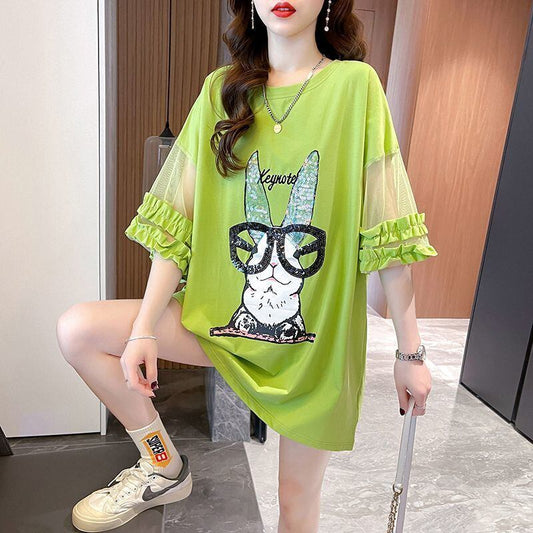 着回し力抜群 チュール 新作 切り替え ピンク プリント スパンコール プリント全3色 半袖Tシャツ カットソー ＜F-8557＞