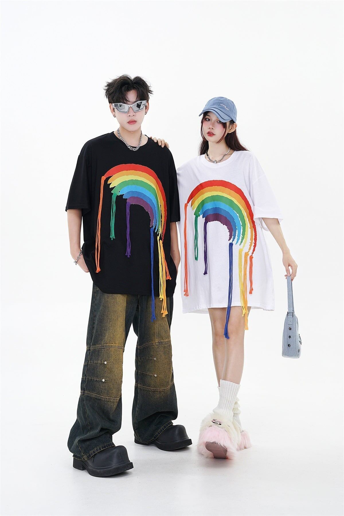 好感度UP 虹ロゴ タッセル ゆったり Tシャツ 全2色 ユニセックス半袖F-4863