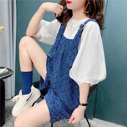 清純甘くて女子力UP 一目惚れ Tシャツ＋サロペット セットアップ＜isf-3157＞