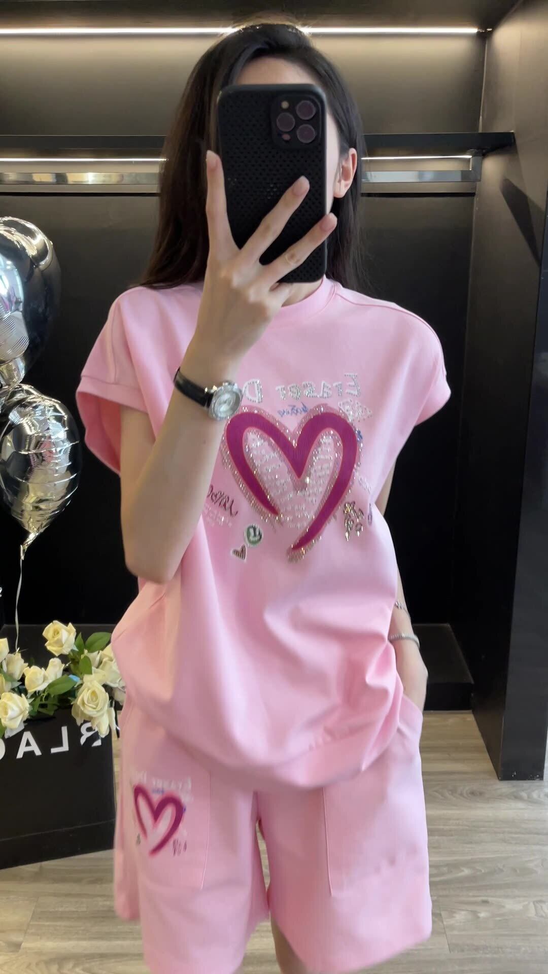 超人気 ホットダイヤモンド カジュアル プリント 半袖Tシャツ ショートパンツ セットアップ ＜F-9215＞