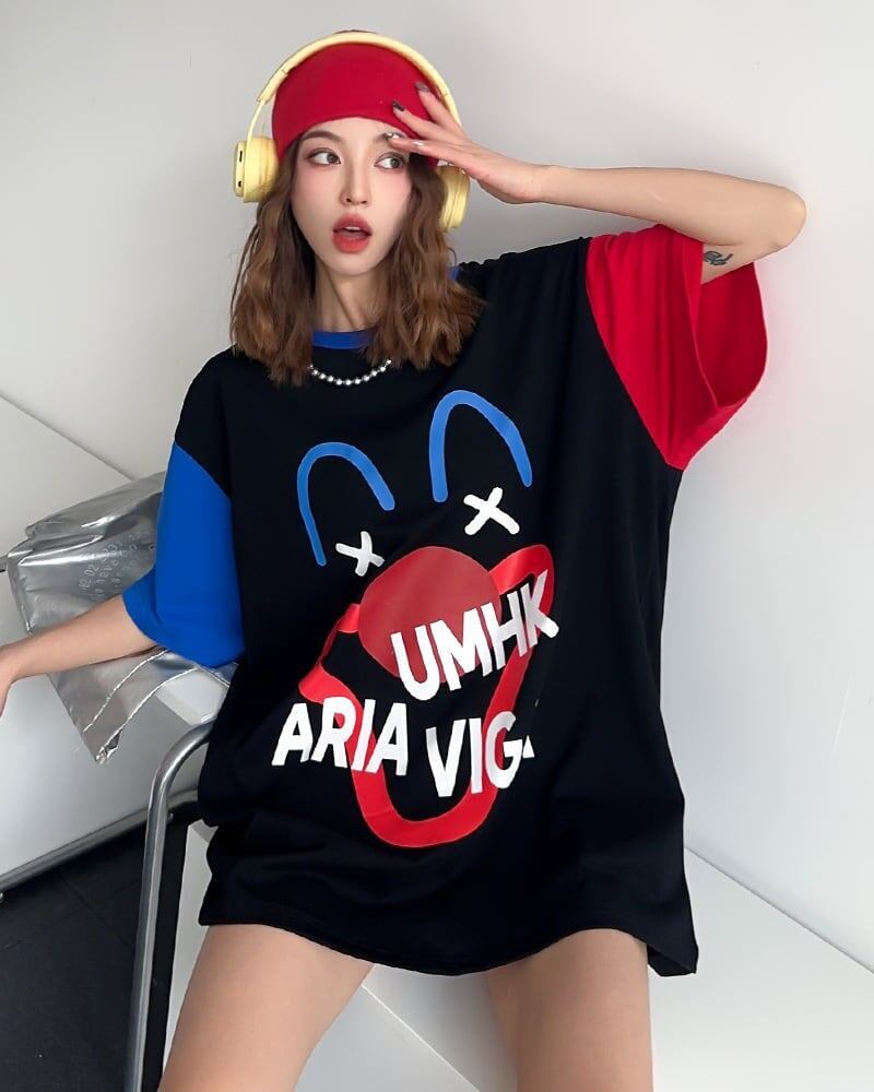 お勧めカラーマッチング ゆったり ビッグロゴ 半袖Tシャツ 全2色＜F-4838＞