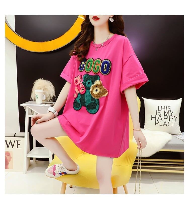 重工業スパンコール外国風おしゃれ植毛刺繍クマ半袖Tシャツ<F-2911>