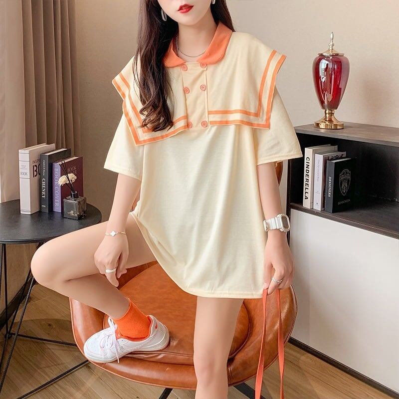 絶対欲しい ロング セーラーカラー Tシャツ 三色 ゆったりワンピース＜F-4028＞