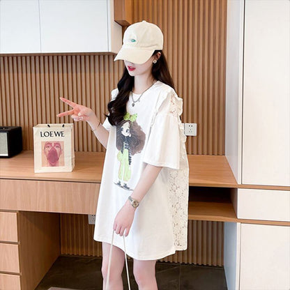 【半額！期間限定！！】着回し力抜群 切り替え プリント レース 切り替え ゆったり半袖 Tシャツ ＜F-8527＞