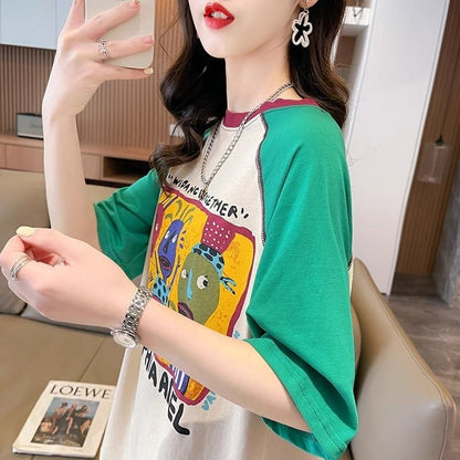 デザインセンスアメリカンレトロ漫画プリント半袖Tシャツニッチカラーマッチングトップスイン潮<F-2872>