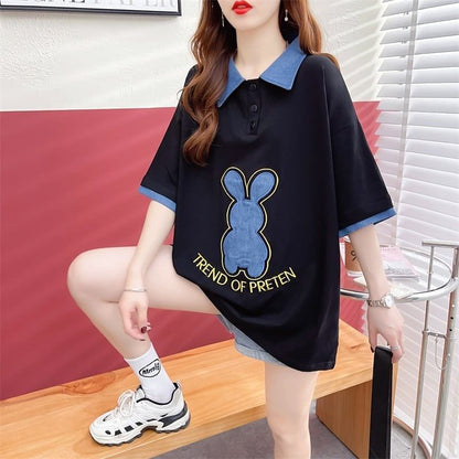 韓国系   POLOネック 三色 ゆったり半袖 ＜F-3056＞