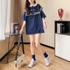 絶対欲しい ロング セーラーカラー Tシャツ 三色 ゆったりワンピース＜F-4028＞