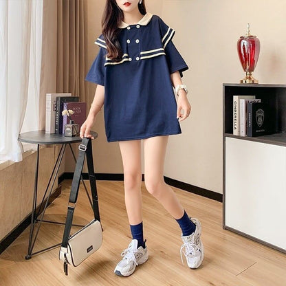 絶対欲しい ロング セーラーカラー Tシャツ 三色 ゆったりワンピース＜F-4028＞