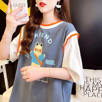 デザインセンス漫画フェイクツーピース半袖Tシャツ<F-3037>