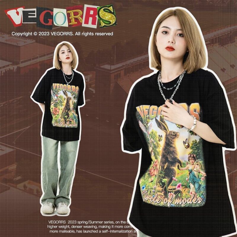 アメリカンレトロ絵画ウサギ半袖Tシャツカップル男女同スタイル<F-2910>