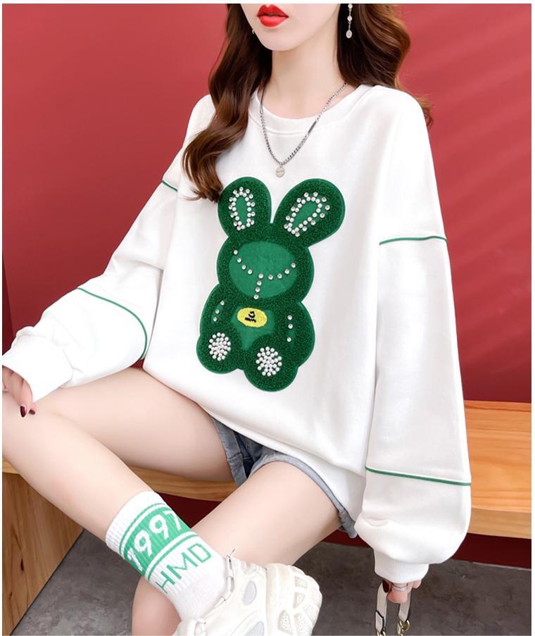 【秋の初めの割引！！】韓国風ルーズ漫画刺繍ホットダイヤモンドミドル丈トップス<F-5024>