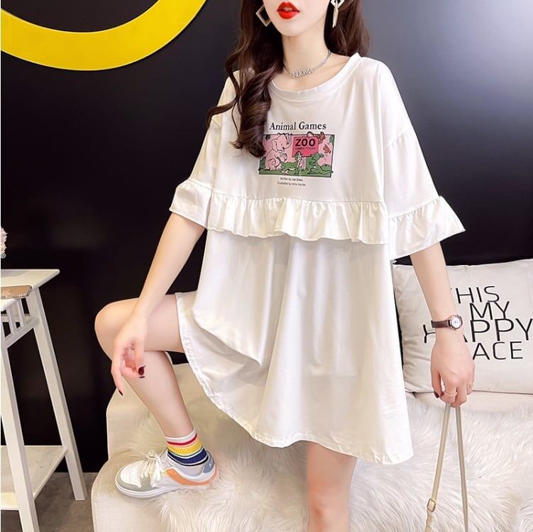 ミドル丈のイレギュラー半袖Tシャツワンピース<F-5007>