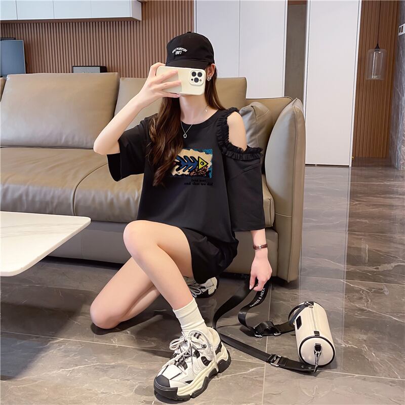 おしゃれ度高め レース 美人度アップ 切り替え プリント全4色 Tシャツ カットソー＜F-9213＞