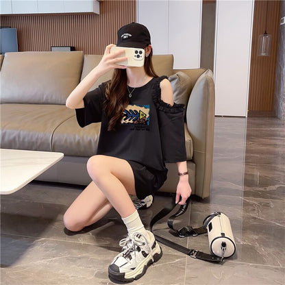 おしゃれ度高め レース 美人度アップ 切り替え プリント全4色 Tシャツ カットソー＜F-9213＞