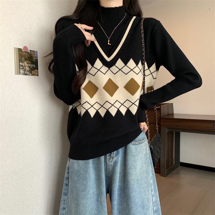 人気上昇中 レイヤード風 おしゃれ度高め 全2色 ニットトップスF-9583