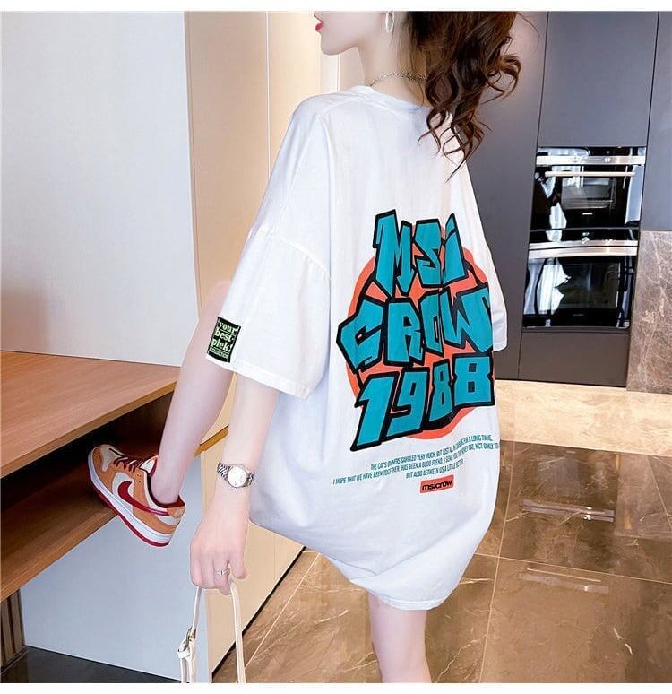 組み合わせやすい アルファベット 数字ロゴ プリントTシャツ ゆったり半袖＜F-6527＞
