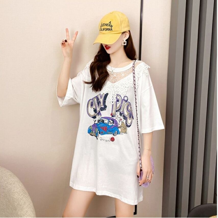 着回し力抜群 プリント カジュアル ビッグロゴ レース 切り替え 半袖Tシャツ 全3色＜F-8423＞