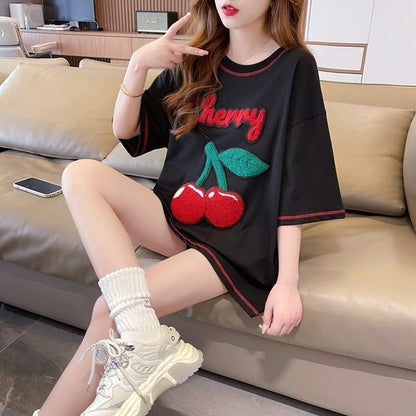 おすすめ新作 Tシャツ チェリー刺 ゆったり半袖＜F-2971＞