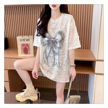 大人可愛い リボン カジュアル デザイン ゆったり 半袖 Tシャツ＜F-8659＞
