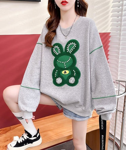 【秋の初めの割引！！】韓国風ルーズ漫画刺繍ホットダイヤモンドミドル丈トップス<F-5024>