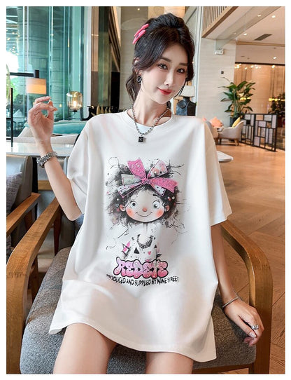 好感度UP ピンク カジュアル プリント スパンコール プリント ゆったり 半袖 Tシャツ＜F-8705＞