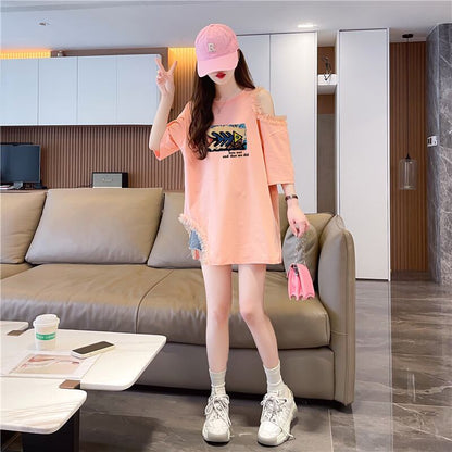 おしゃれ度高め レース 美人度アップ 切り替え プリント全4色 Tシャツ カットソー＜F-9213＞