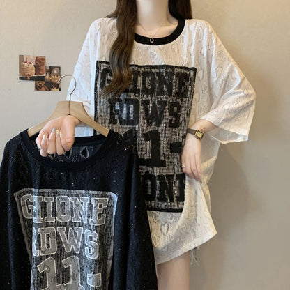 超人気 アバンギャルド 絶対流行 レース プリント全2色 半袖TシャツF-8798