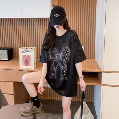 大人可愛い リボン カジュアル デザイン ゆったり 半袖 Tシャツ＜F-8659＞