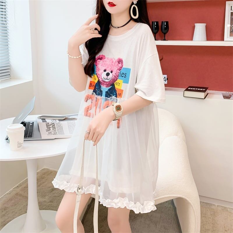 デザインセンスレースステッチフェイクツーピース半袖Tシャツワンピース<F-2964>