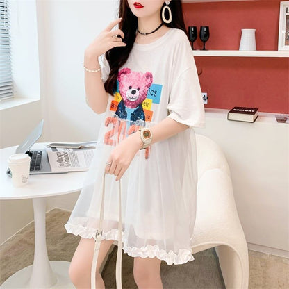 デザインセンスレースステッチフェイクツーピース半袖Tシャツワンピース<F-2964>