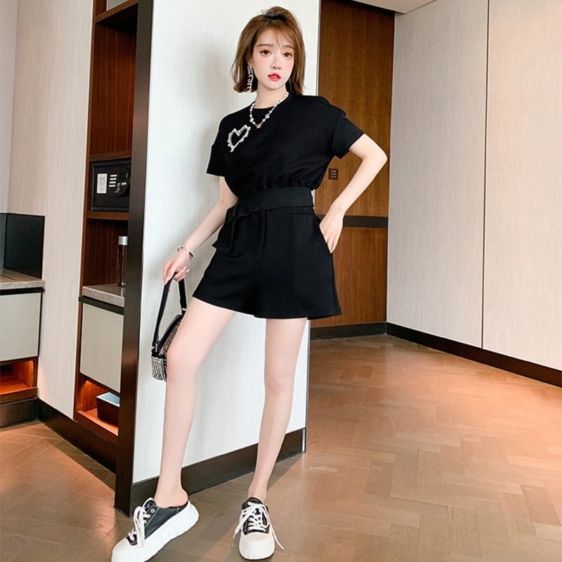 オシャレ度満点 切り替え 一目惚れ Tシャツ＋ショートパンツ セットアップ＜F-3573＞