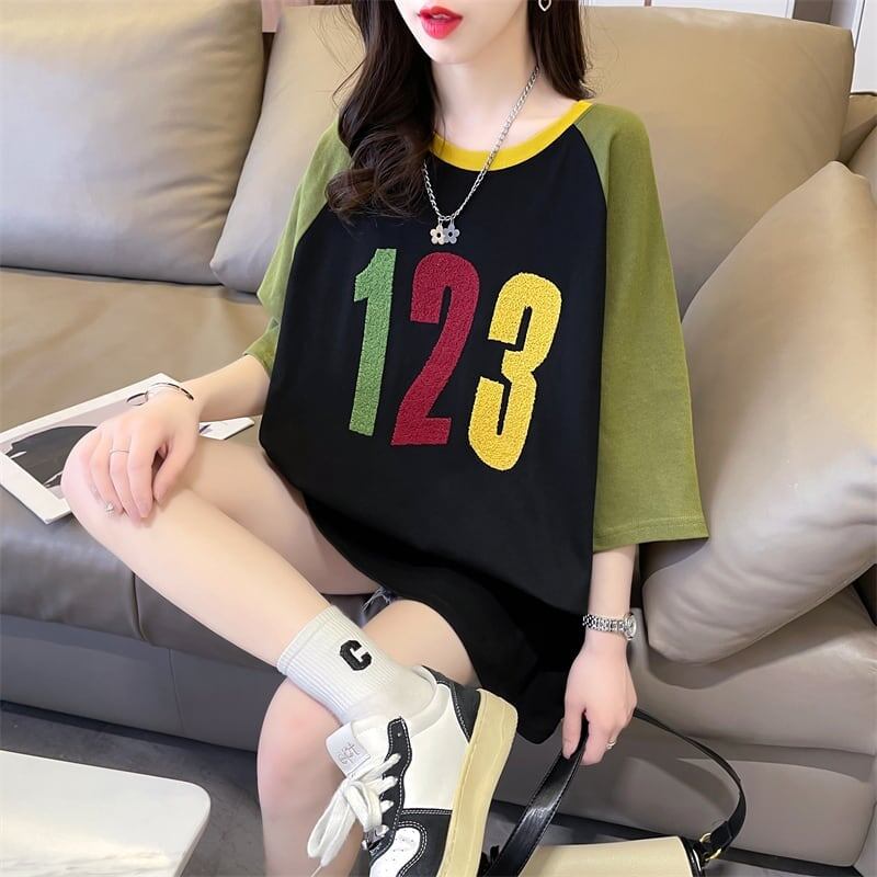 絶対欲しい カラーマッチング 数字刺? ロング Tシャツ ゆったり 半袖 ＜F-2896＞