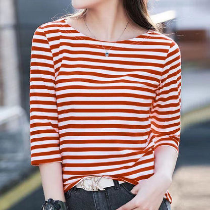 お買い得 定番シンプル 大活躍 着心地抜群 ストライプ柄 全4色 7分袖 Tシャツ ＜F-9134＞