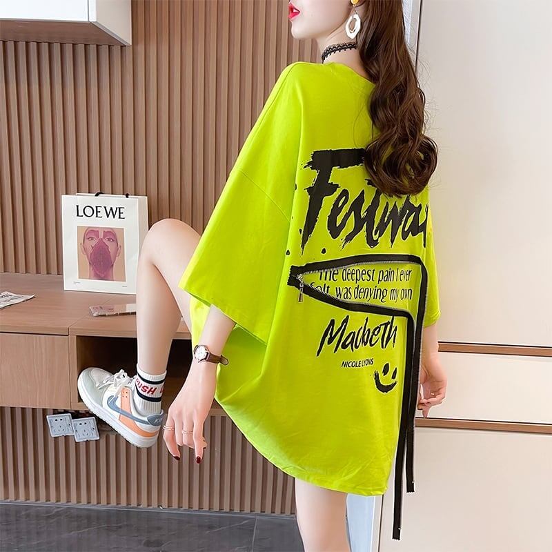 デザイン個性ゆったりミドル丈半袖TシャツF-3036