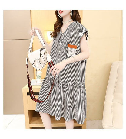 洋風VネックワンピースTシャツゆったりスリム半袖スカート<2857>
