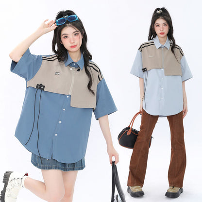 期間限定 ファッション 個性派 レイヤード風 切り替え プリント全3色 男女兼用 半袖TシャツF-9044