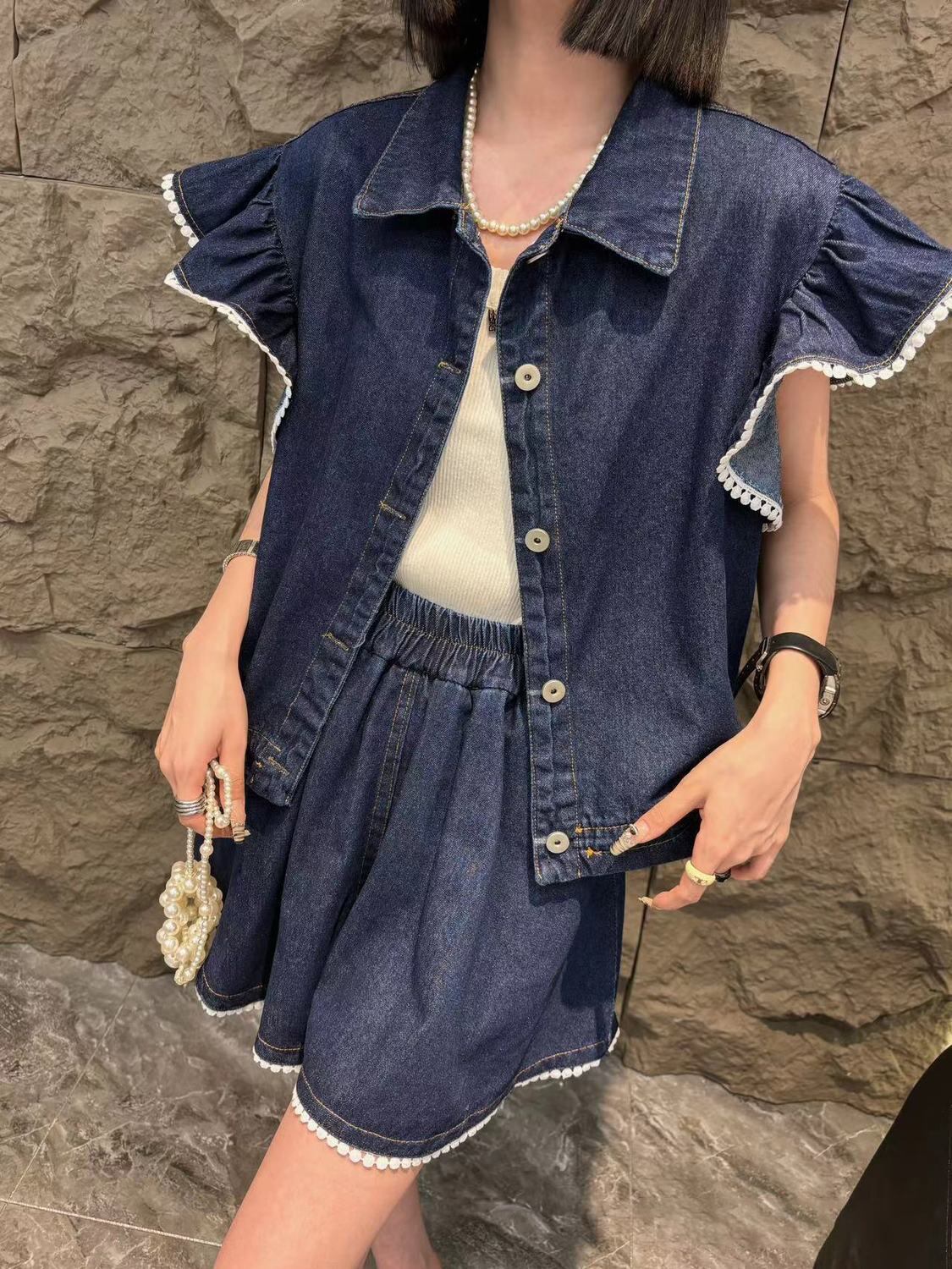 大好評 ファッション 売り切れ必至 2色選択 デニム 半袖 Tシャツ+ 短いスカート セットアップ ＜F-8992＞