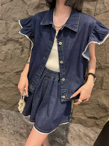 大好評 ファッション 売り切れ必至 2色選択 デニム 半袖 Tシャツ+ 短いスカート セットアップ ＜F-8992＞