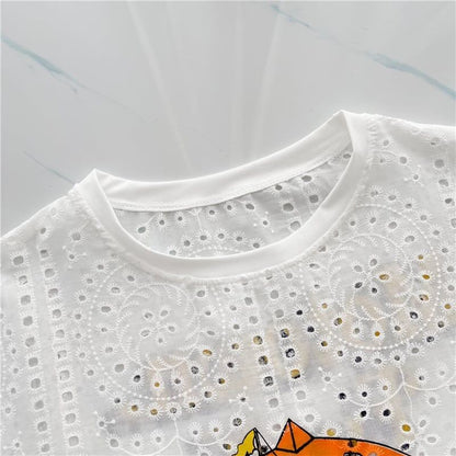 【半額！期間限定！！】新作超注目中空プリントレースルーズTシャツミドル丈<isf-3025>