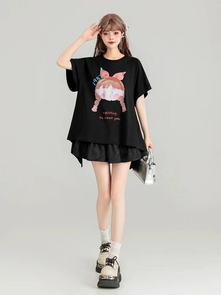 着回し力抜群 ゆったり ファッション感満々 ロング丈 2色半袖Tシャツ＜F-11068＞