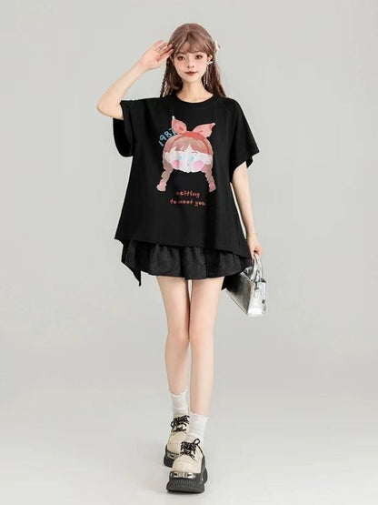 着回し力抜群 ゆったり ファッション感満々 ロング丈 2色半袖Tシャツ＜F-11068＞