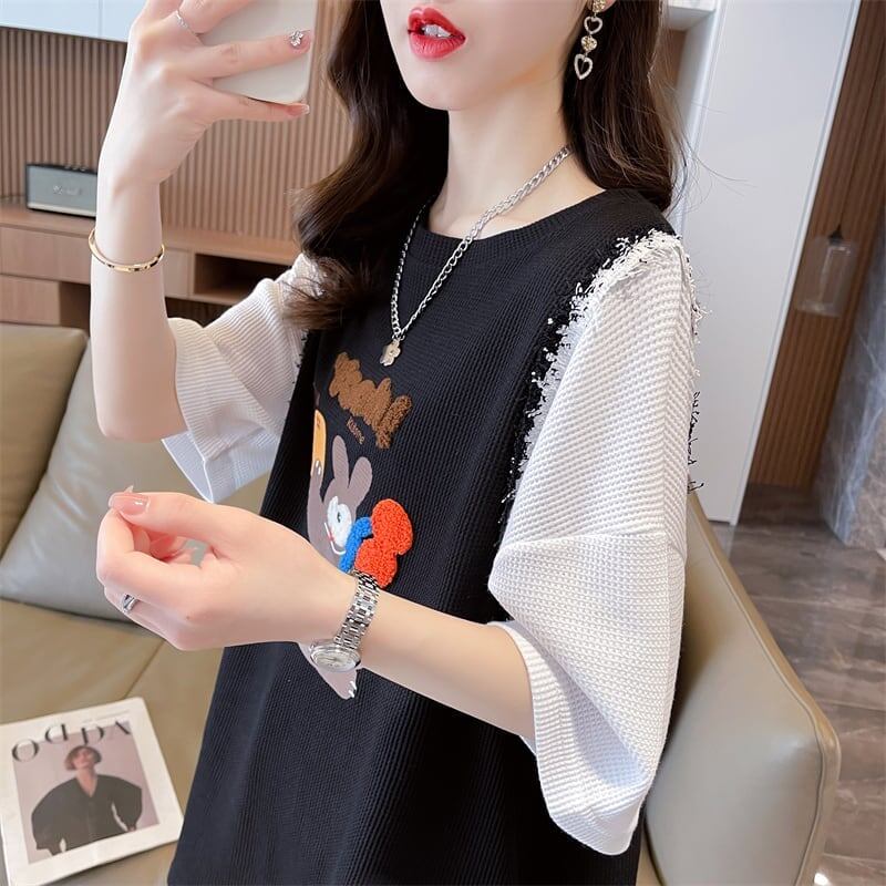 ワッフルフェイクツーピース漫画立体刺繍半袖Tシャツ<F-2871>